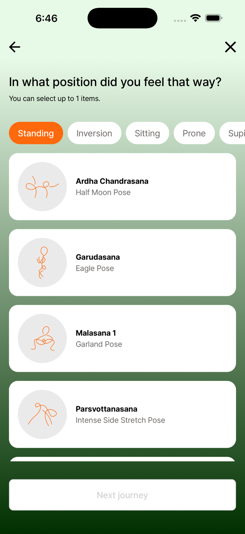 DrawHatha pose picker showing hand-drawn asana icons grouped by position