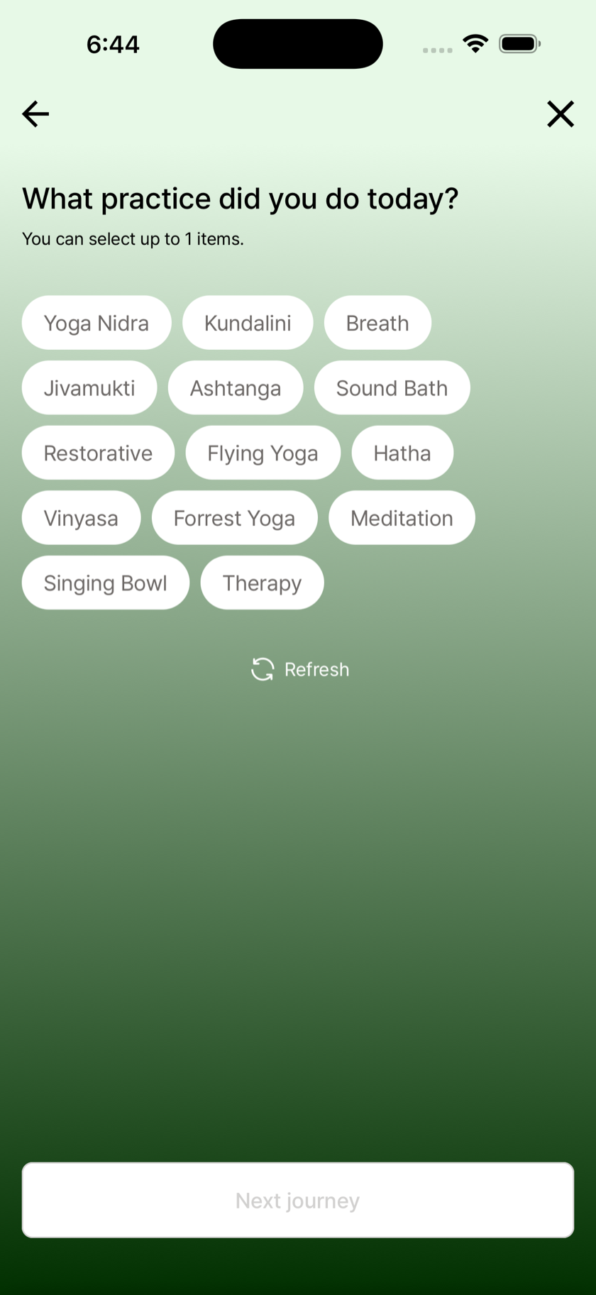 DrawHatha practice picker listing yoga styles to choose from