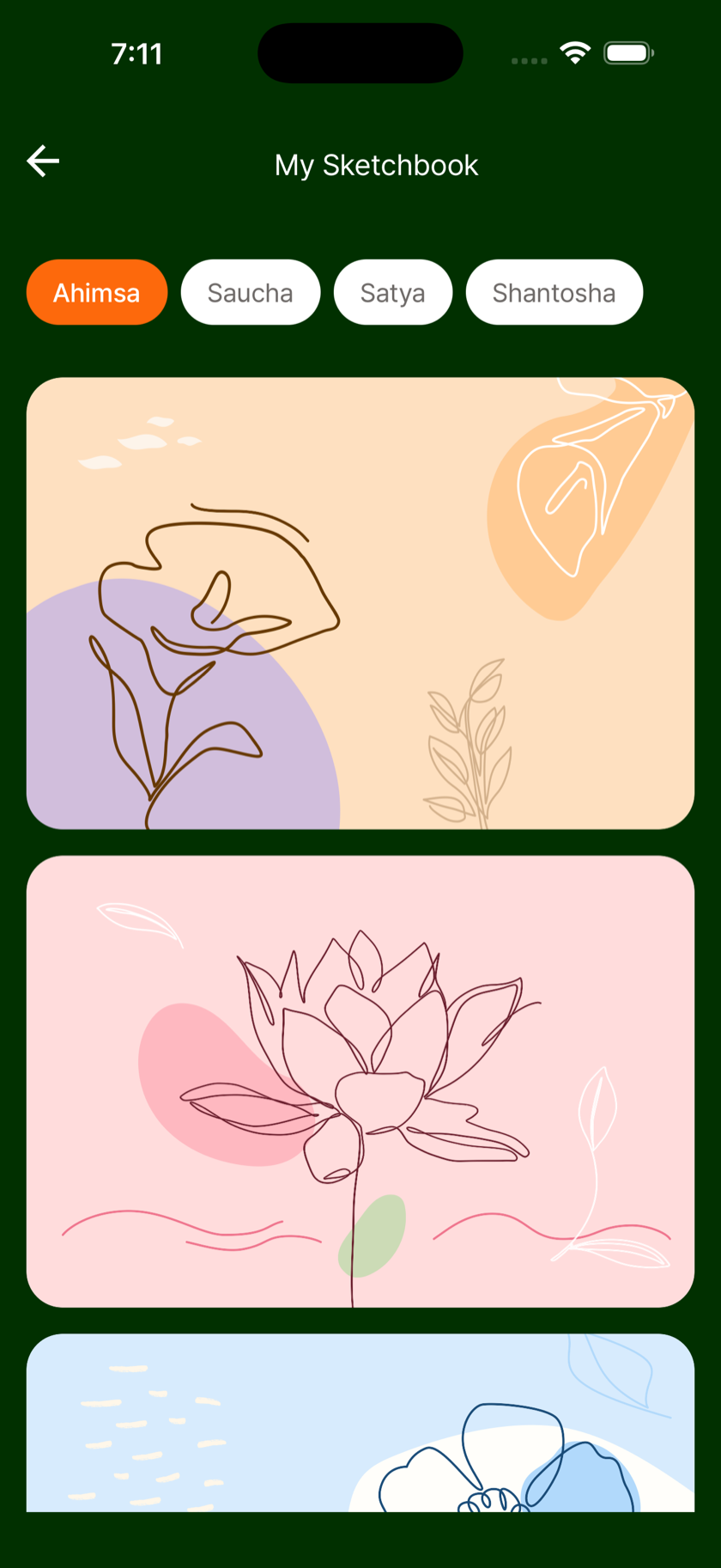 DrawHatha sketchbook screen with completed chakra canvases as line-art paintings